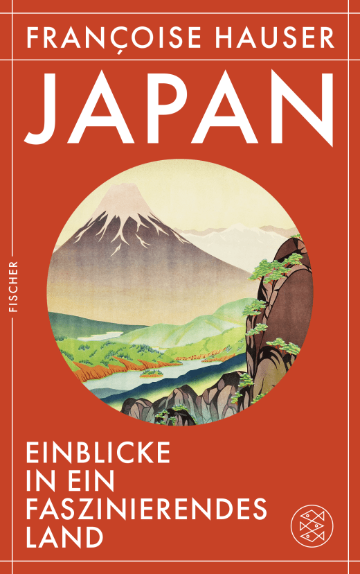 Rotes Buchcover, darauf mittig kreisrund eine Zeichnung des Fuji mit Bergen und Fluß im Vordergrund