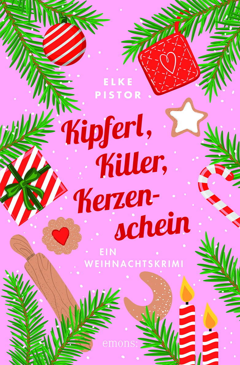 Rosa Buchcover mit Tannenzweigen, Zuckerstangen und Weihnachtsplätzchen darauf
