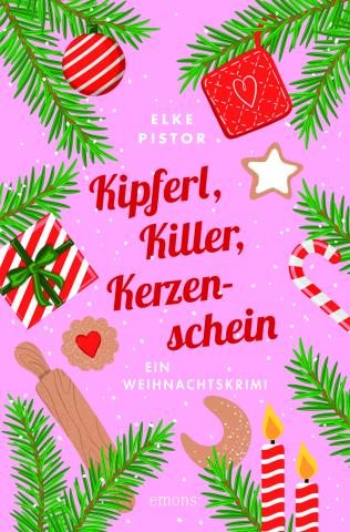 Rosa Buchcover mit Tannenzweigen, Zuckerstangen und Weihnachtsplätzchen darauf