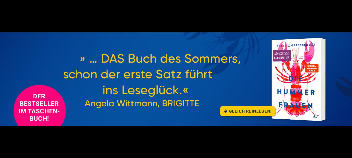 Blauer Hintergrund mit dem Cover (Weiß mit rosa Hummer) von "Die Hummerfrauen"