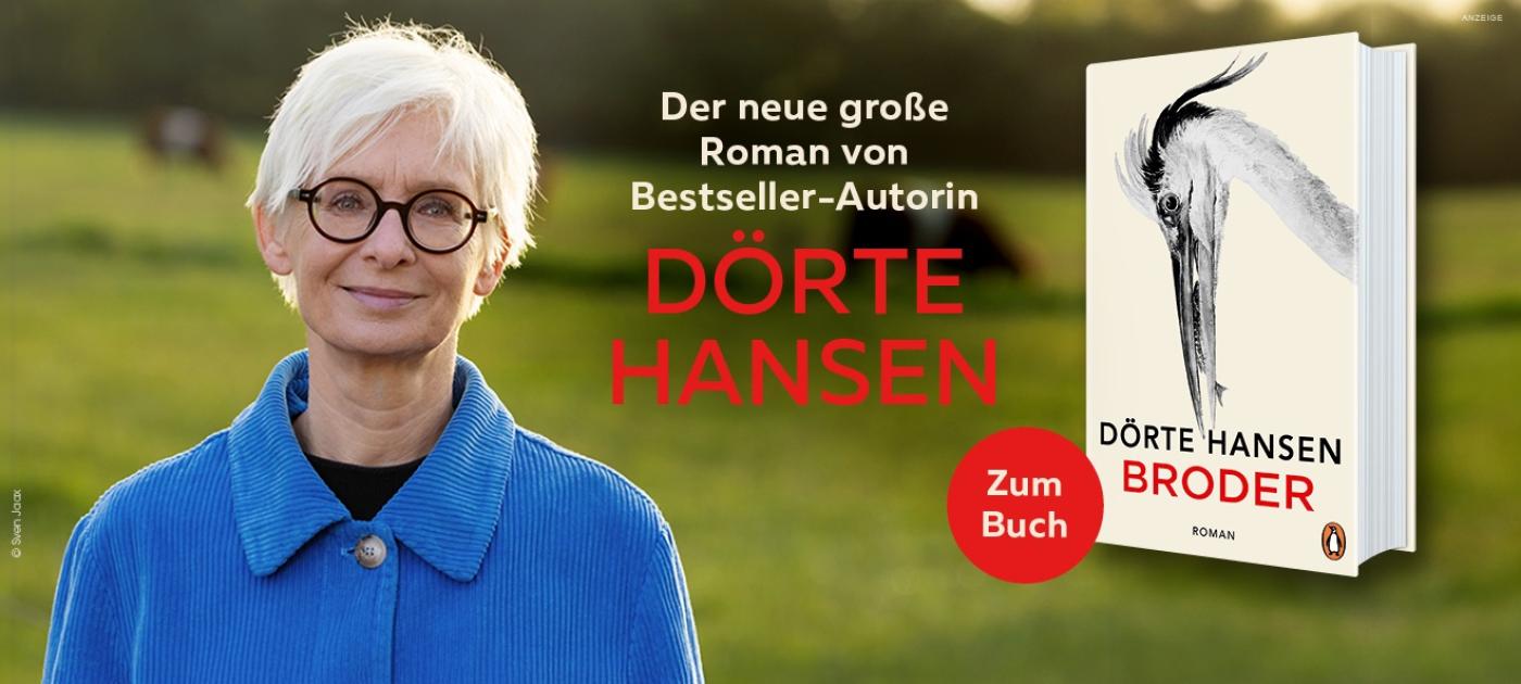 Autorin Dörte Hansen neben dem Cover ihres neuen Buches "Broder"