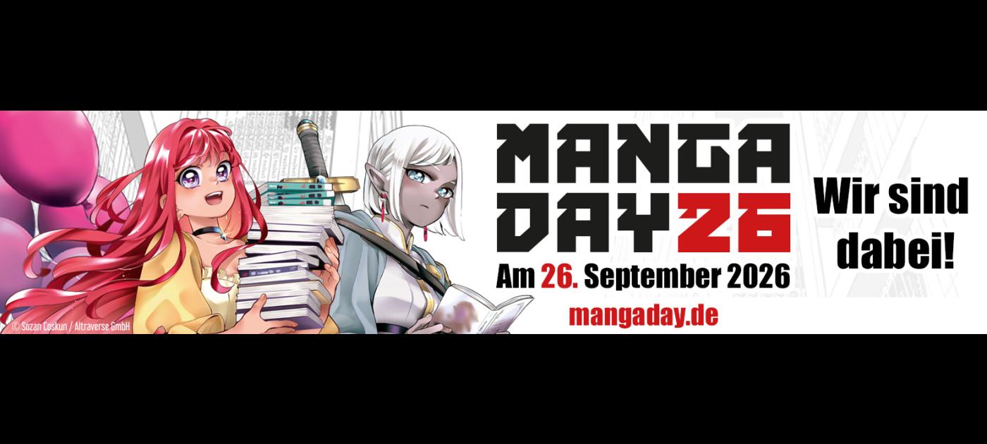 Mangamädchen mit roten Haaren und eine silberhaarige Elfe sowie Datum des Mangadays (26.9.)